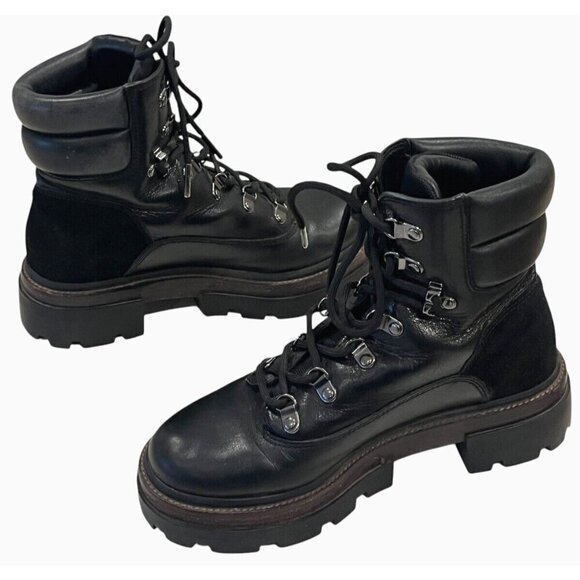 Tory Burch Miller Black Leather Suede Logo Lug Hiker Moto Ankle Boots - Picture 5 of 16